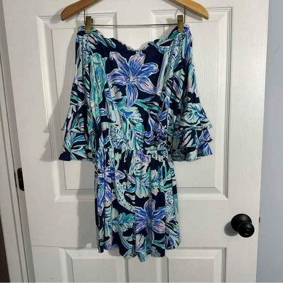 Lilly Pulitzer Calla off the shoulder romper, High Tide - Ready Set Gecko XXS - Picture 7 of 10